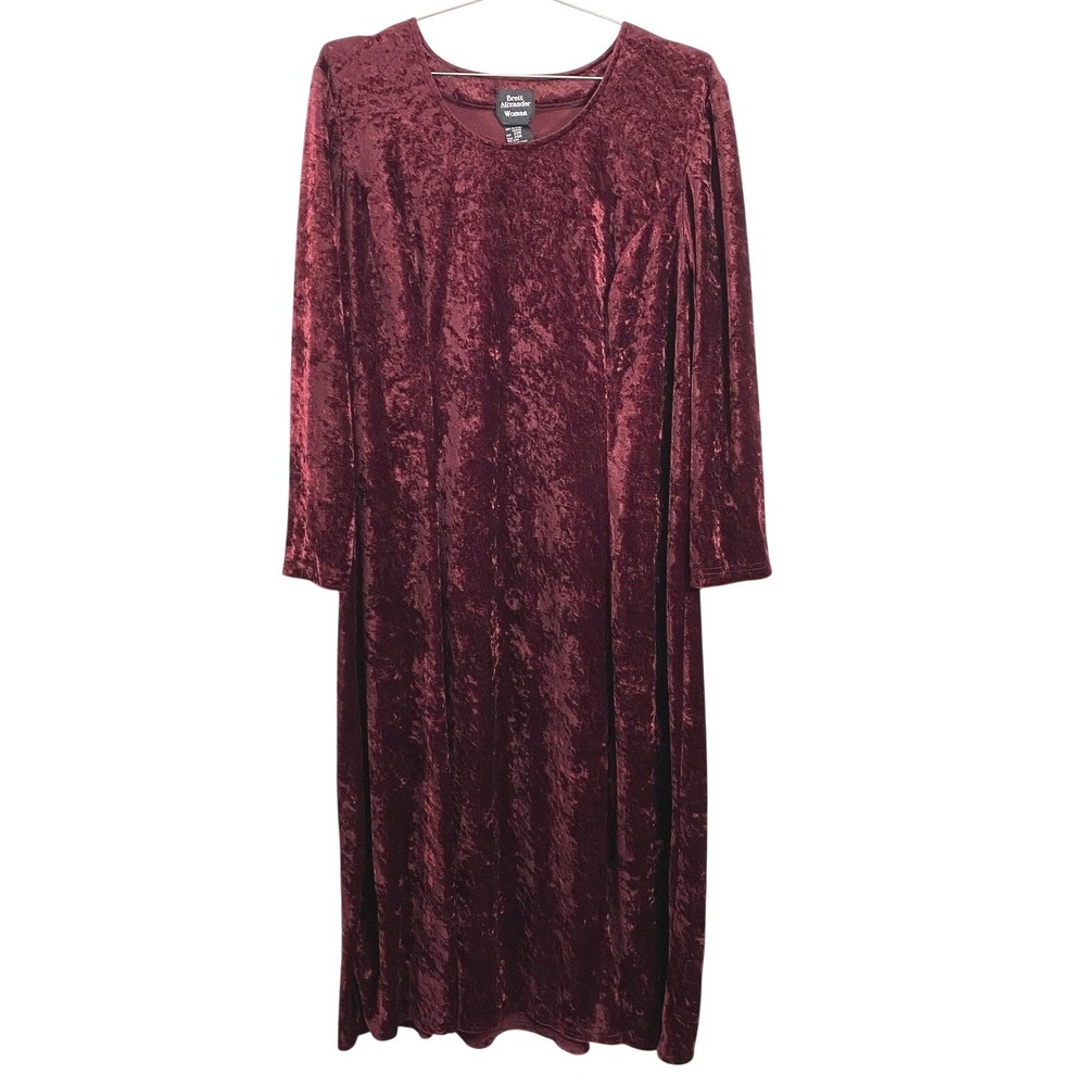 Brett Alixander Woman Dress Womens 20W Burgundy‎ Crushed Velvet Long Sleeve Midi